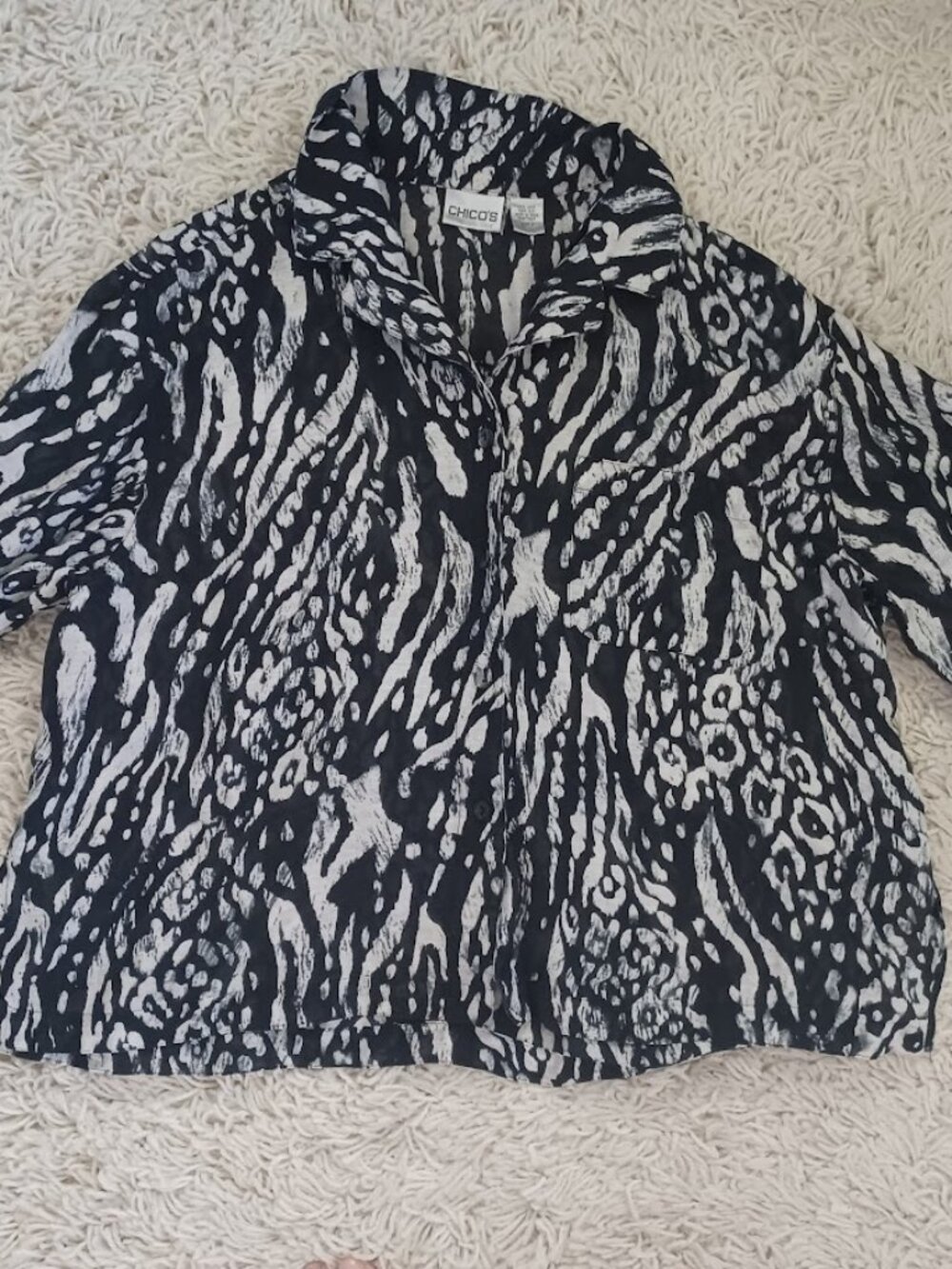 Chico's Size 2 L 12/14 Linen Silk Animal Print Black GrayTop